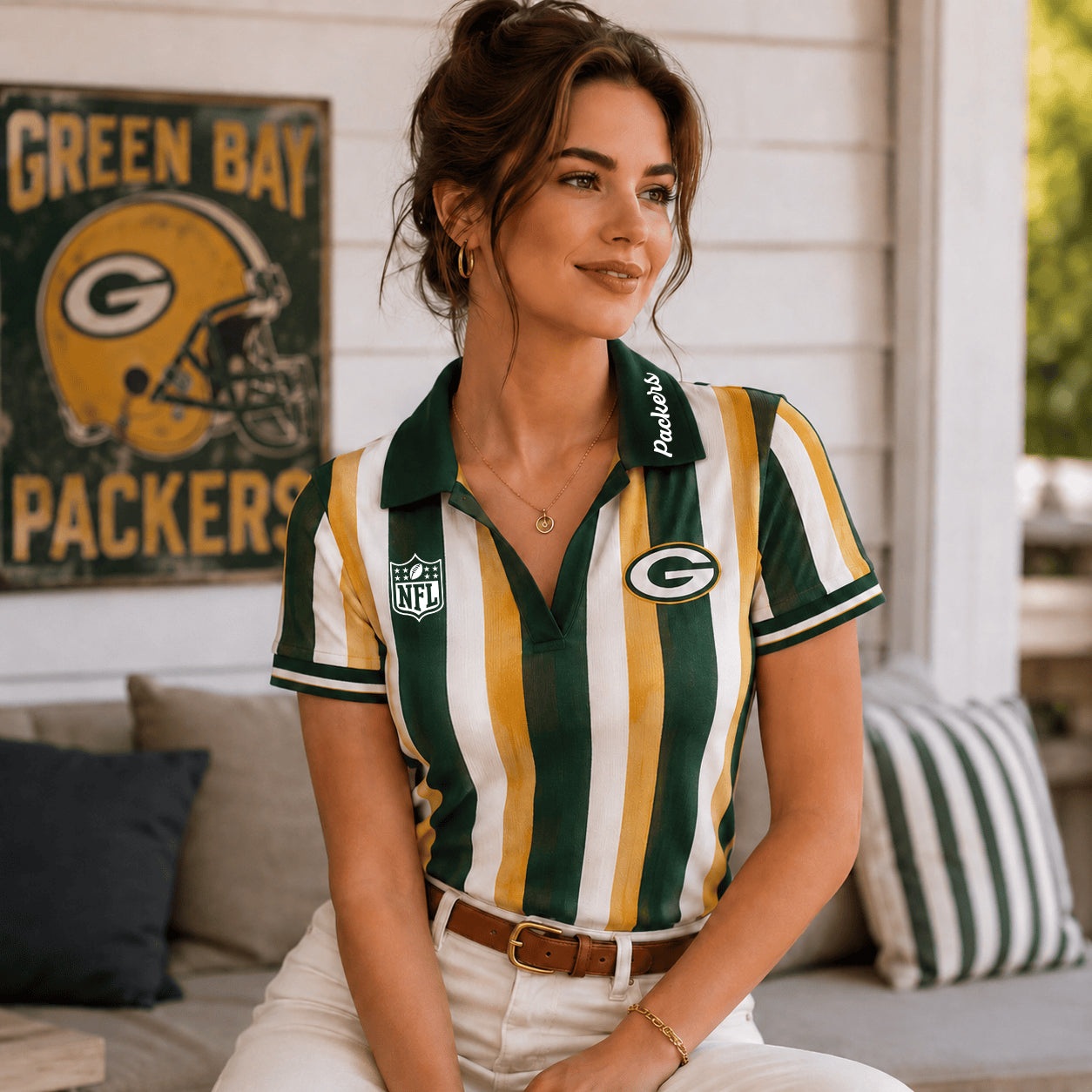 PREMIUM NFL X GB EXCLUSIVE Color Striped V-Neck Polo For Passionate Game Day Women