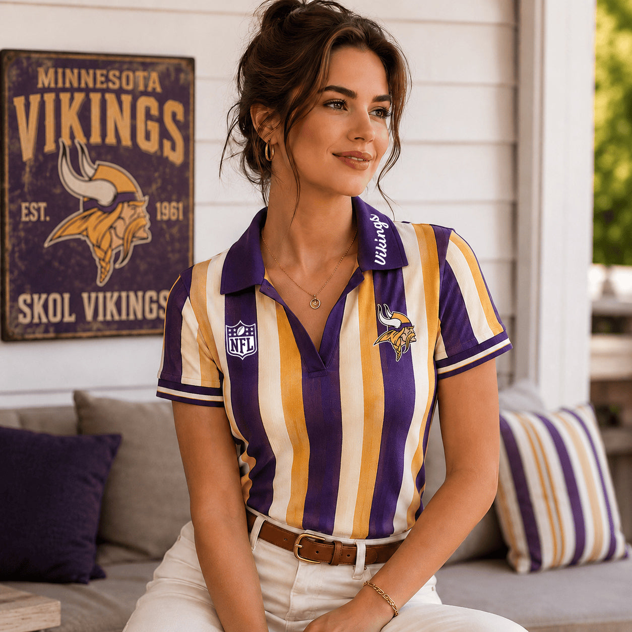 PREMIUM NFL X MIN EXCLUSIVE Color Striped V-Neck Polo For Passionate Game Day Women