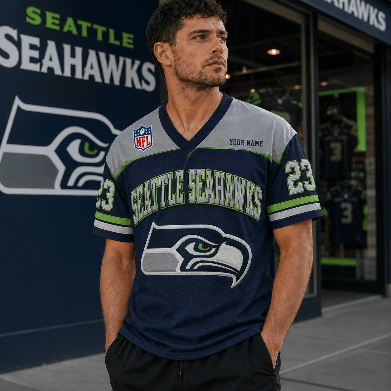 PREMIUM NFL X SEA EXCLUSICE V-Neck T-shirt Custom Name