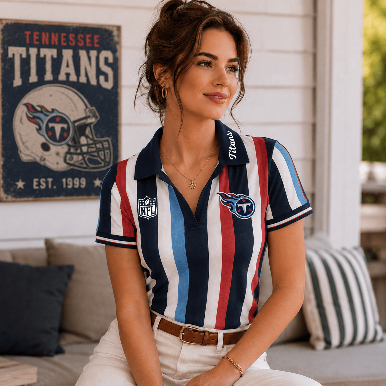 PREMIUM NFL X TEN EXCLUSIVE Color Striped V-Neck Polo For Passionate Game Day Women