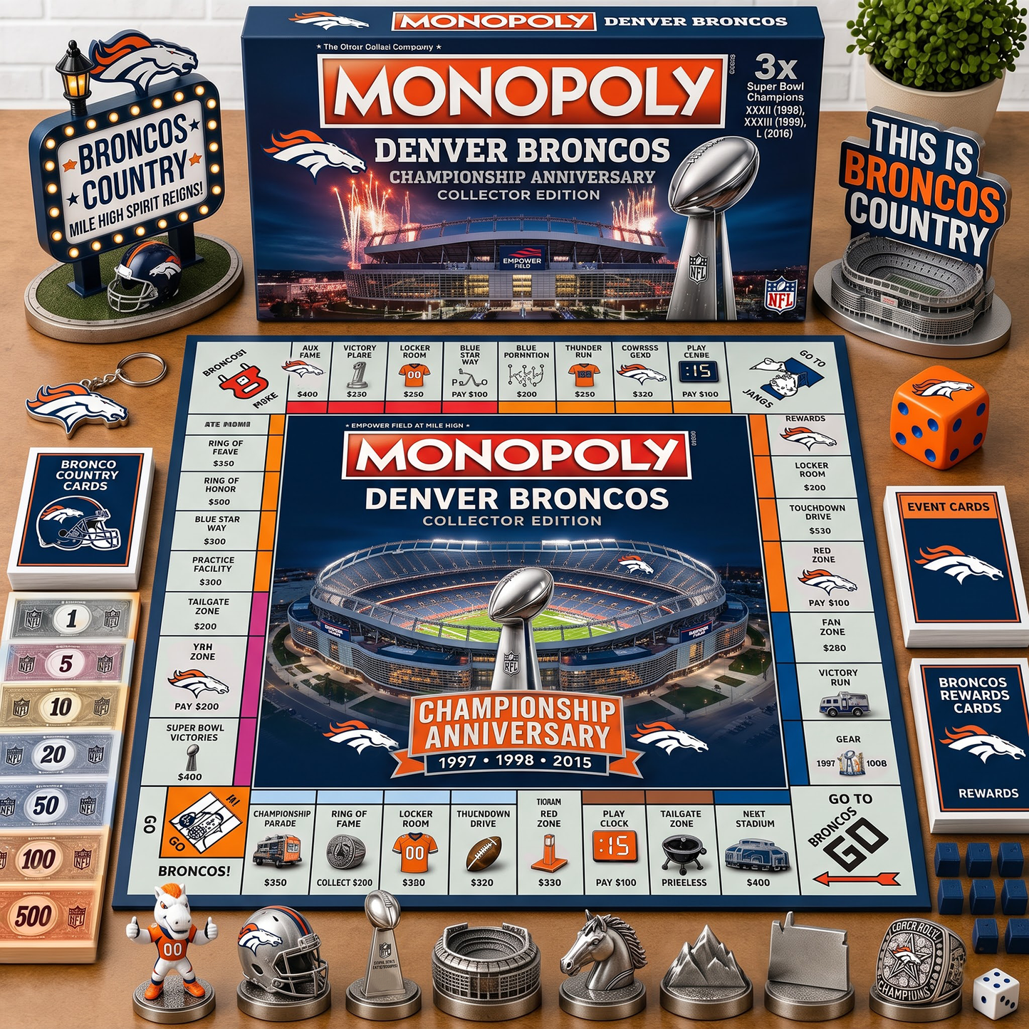 Premium NFL DEN Championship Anniversary Monopoly Collector’s Edition Board Game V3