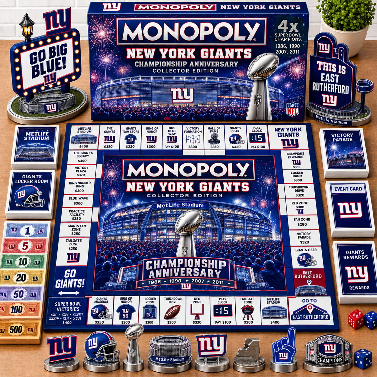 Premium NFL NYG Championship Anniversary Monopoly Collector’s Edition Board Game V3