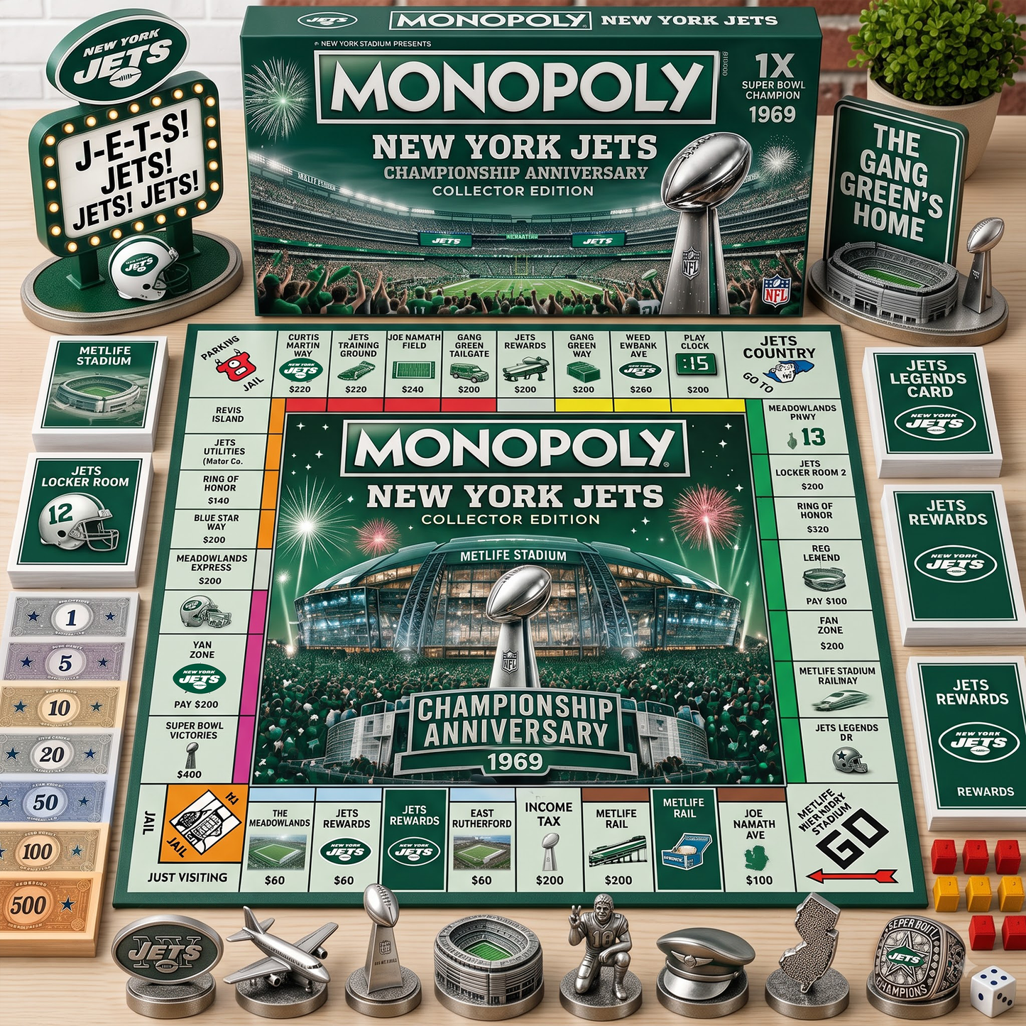 Premium NFL NYJ Championship Anniversary Monopoly Collector’s Edition Board Game V3