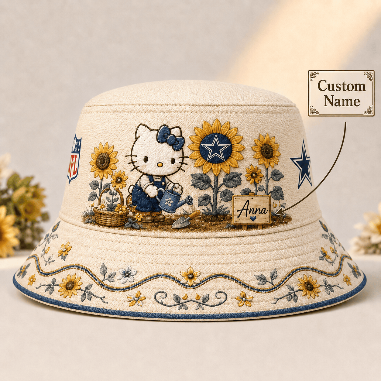 Premium NFL X DAL Hello Kitty Custom Name Bucket Hat For Cute Sunflower Fans NDT NHM 110726