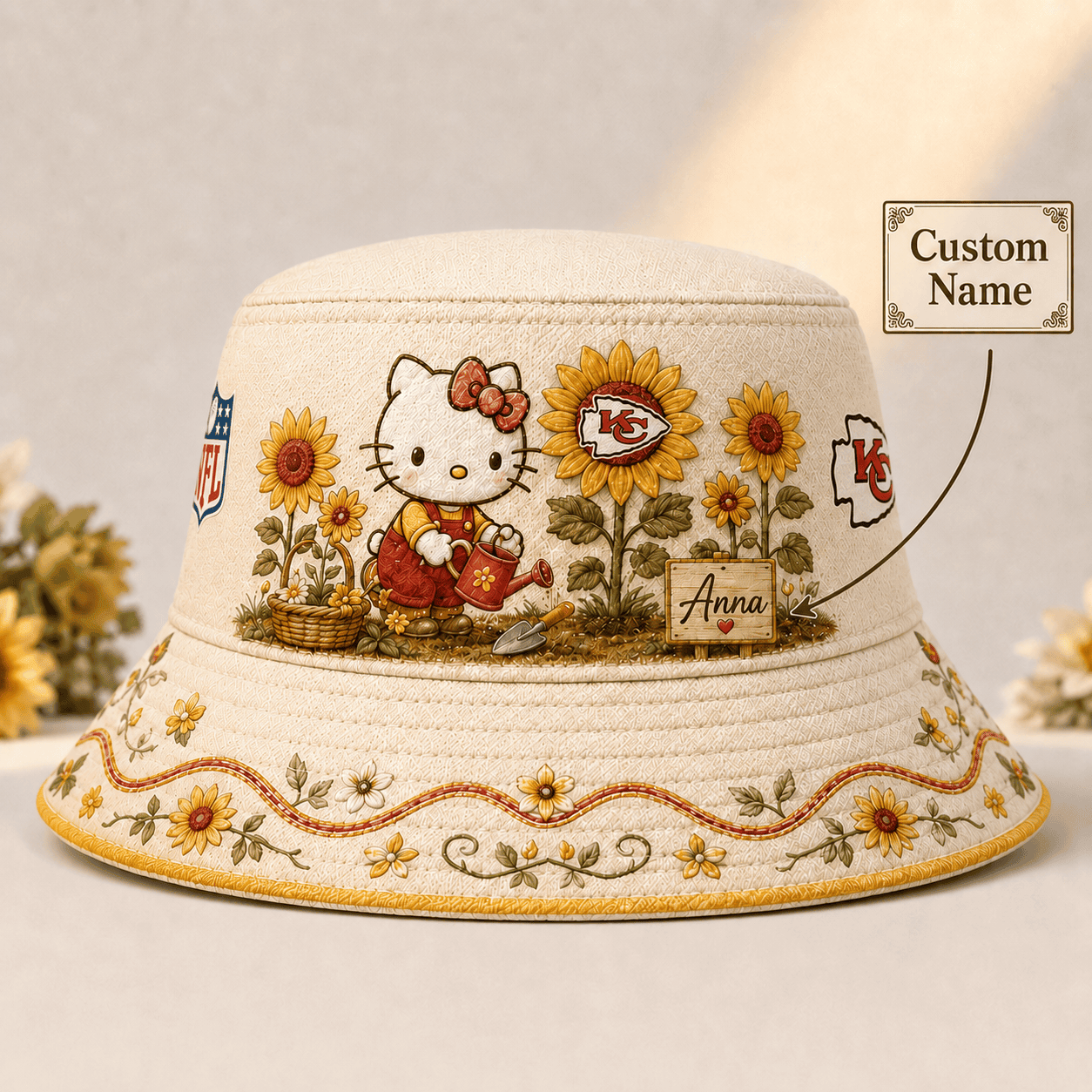 Premium NFL X KCC Hello Kitty Custom Name Bucket Hat For Cute Sunflower Fans NDT NHM 110726