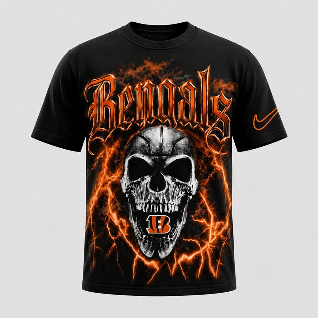 CIN Premium NFL Premium Skull Lightning Graphic T-Shirt