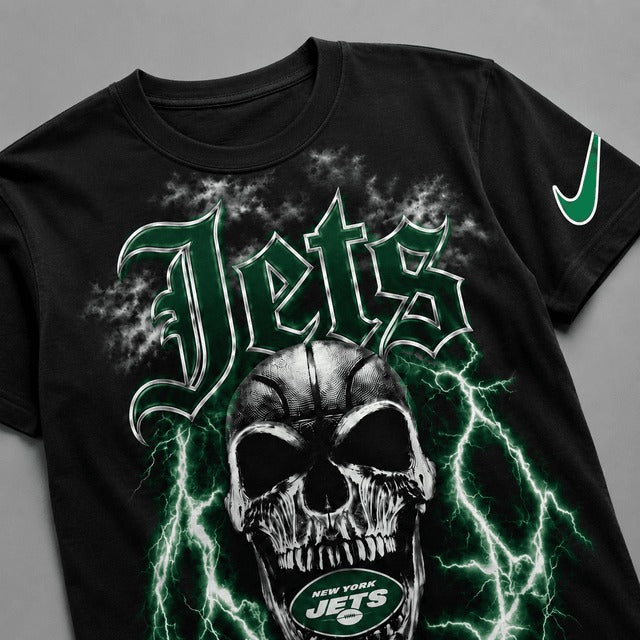 NYJ Premium NFL Premium Skull Lightning Graphic T-Shirt