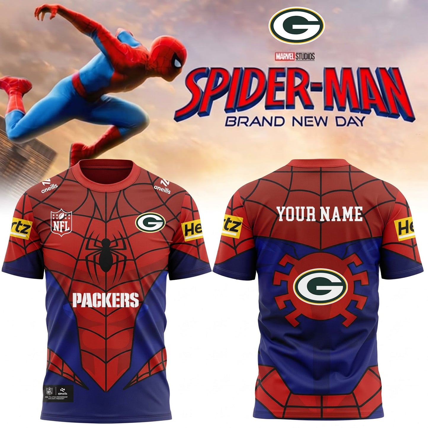PREMIUM NFL X GB EXCLUSIVE PERSONALIZED SPIDER-MAN SHIRT