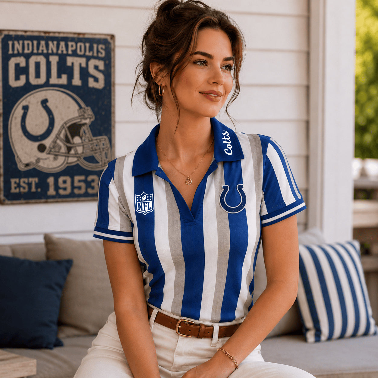PREMIUM NFL X IND EXCLUSIVE Color Striped V-Neck Polo For Passionate Game Day Women