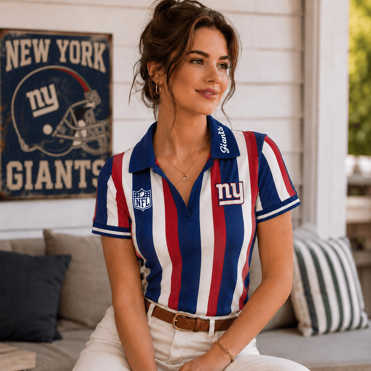 PREMIUM NFL X NYG EXCLUSIVE Color Striped V-Neck Polo For Passionate Game Day Women