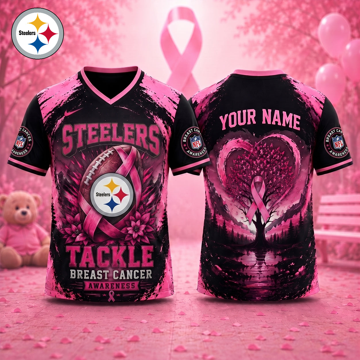 PREMIUM NFL X PIT Exclusive Breast Cancer Awareness Vneck -TSHIRT