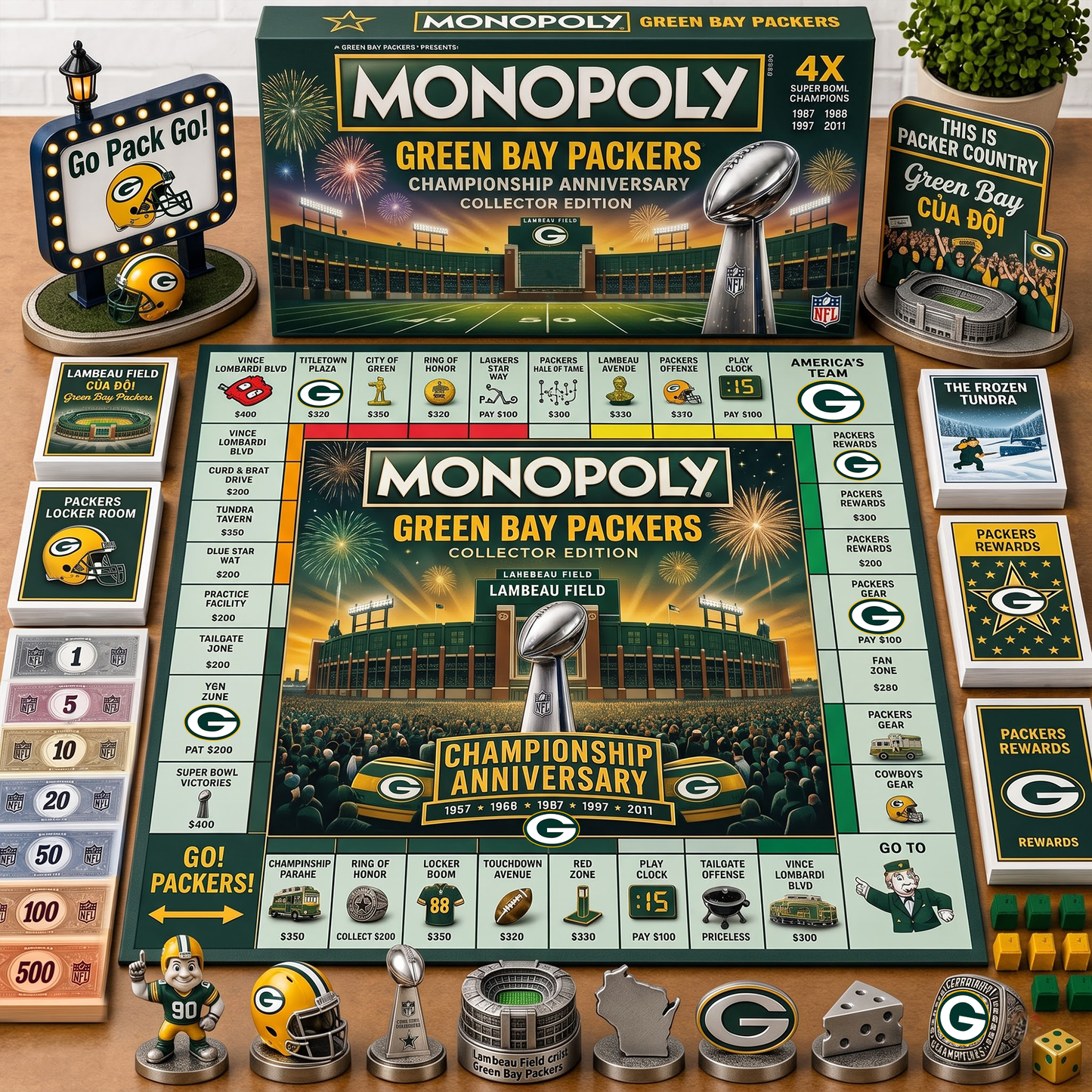 Premium NFL GB Championship Anniversary  Monopoly Collector’s Edition Board Game V3