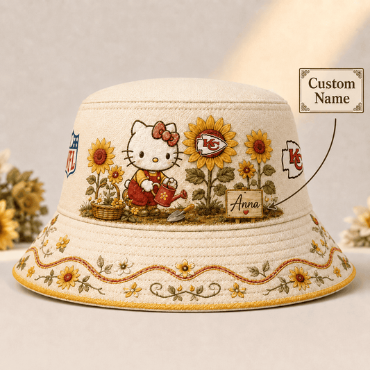 Premium NFL X KCC Hello Kitty Custom Name Bucket Hat For Cute Sunflower Fans NDT NHM 110726