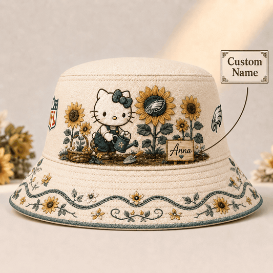 Premium NFL X PHI Hello Kitty Custom Name Bucket Hat For Cute Sunflower Fans NDT NHM 110726