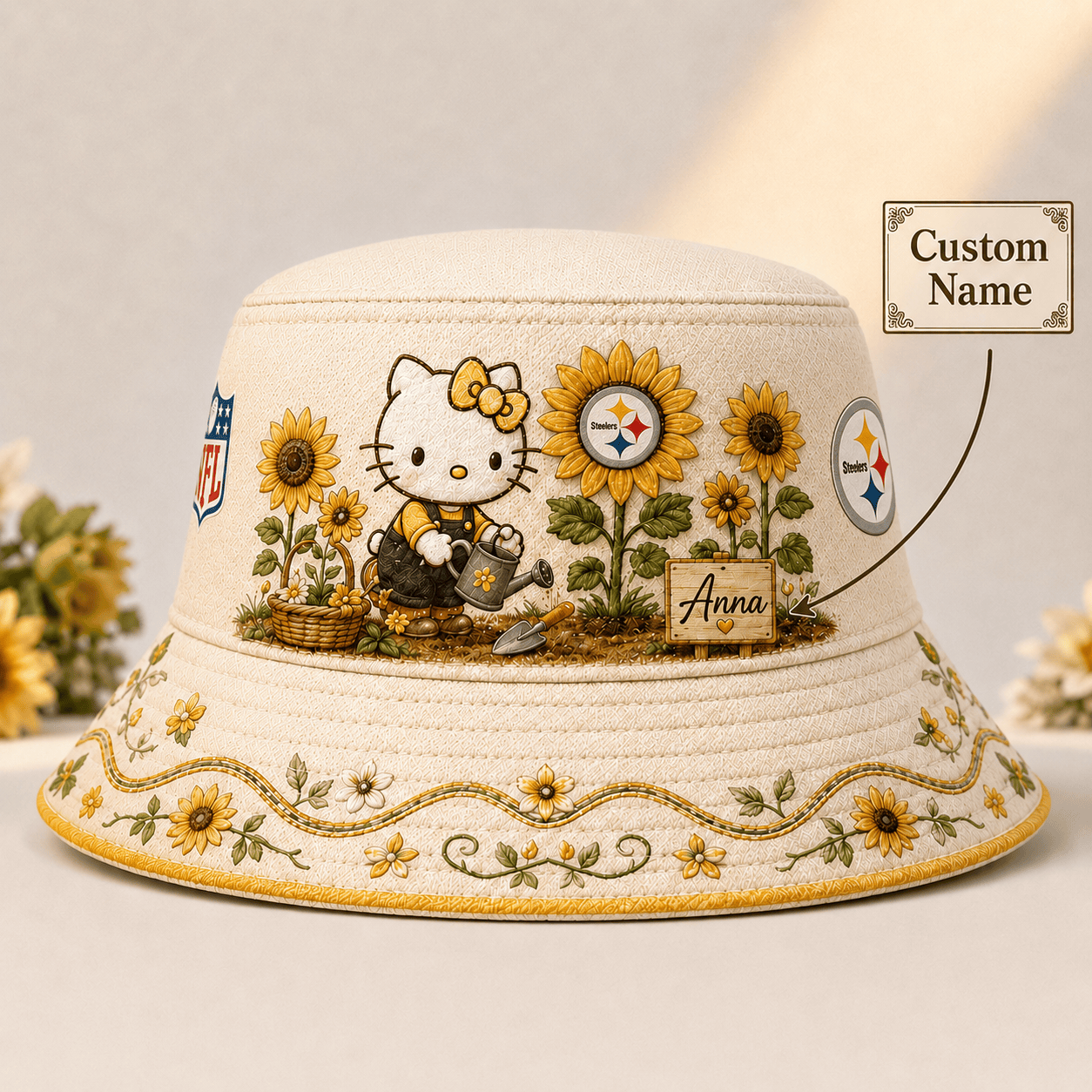 Premium NFL X PIT Hello Kitty Custom Name Bucket Hat For Cute Sunflower Fans NDT NHM 110726